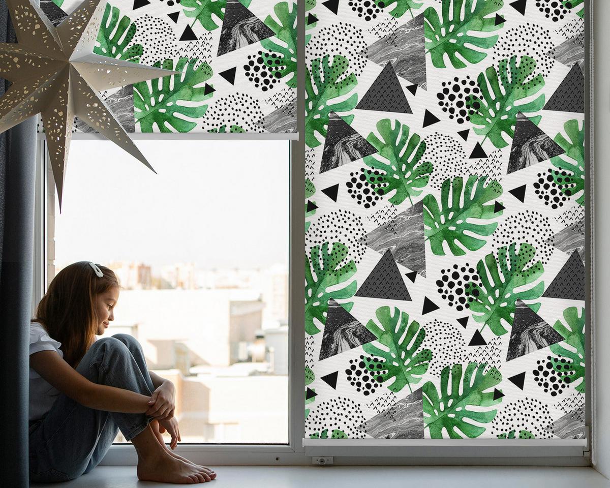 INNENROLLO - Fensterrollo - Rollo - 130x140 cm - Blätter Dreiecke Punkte - Grün, Kunststoff (130/140/0.5cm) - TULUP