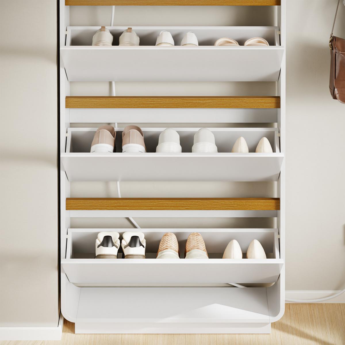 SCHUHSCHRANK mit Steckdose und USB-Ladefunktion FSR228-E-WN - Ahornfarben/Weiß, Holzwerkstoff/Fell (15/126/72cm) - SoBuy