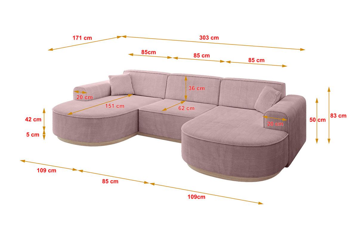 WOHNLANDSCHAFT MARI-U1-v1 - 303x171x83 cm Rosa Cord - Rosa, Holzwerkstoff/Textil (303/83/171cm) - ALTDECOR