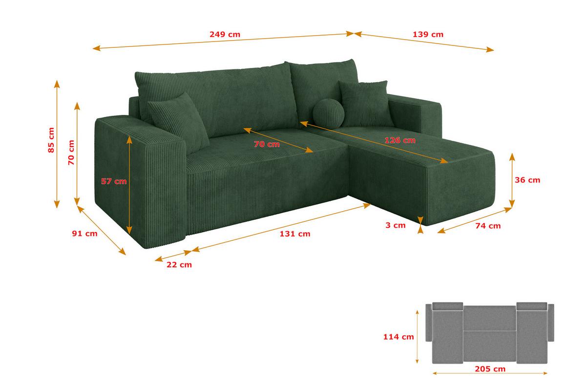 ECKSOFA mit Schlaffunktion Ottomane Rechts SENO-L 249x139x85 Grün Cord - Dunkelgrün/Schwarz, Holzwerkstoff/Kunststoff (249/139cm) - ALTDECOR