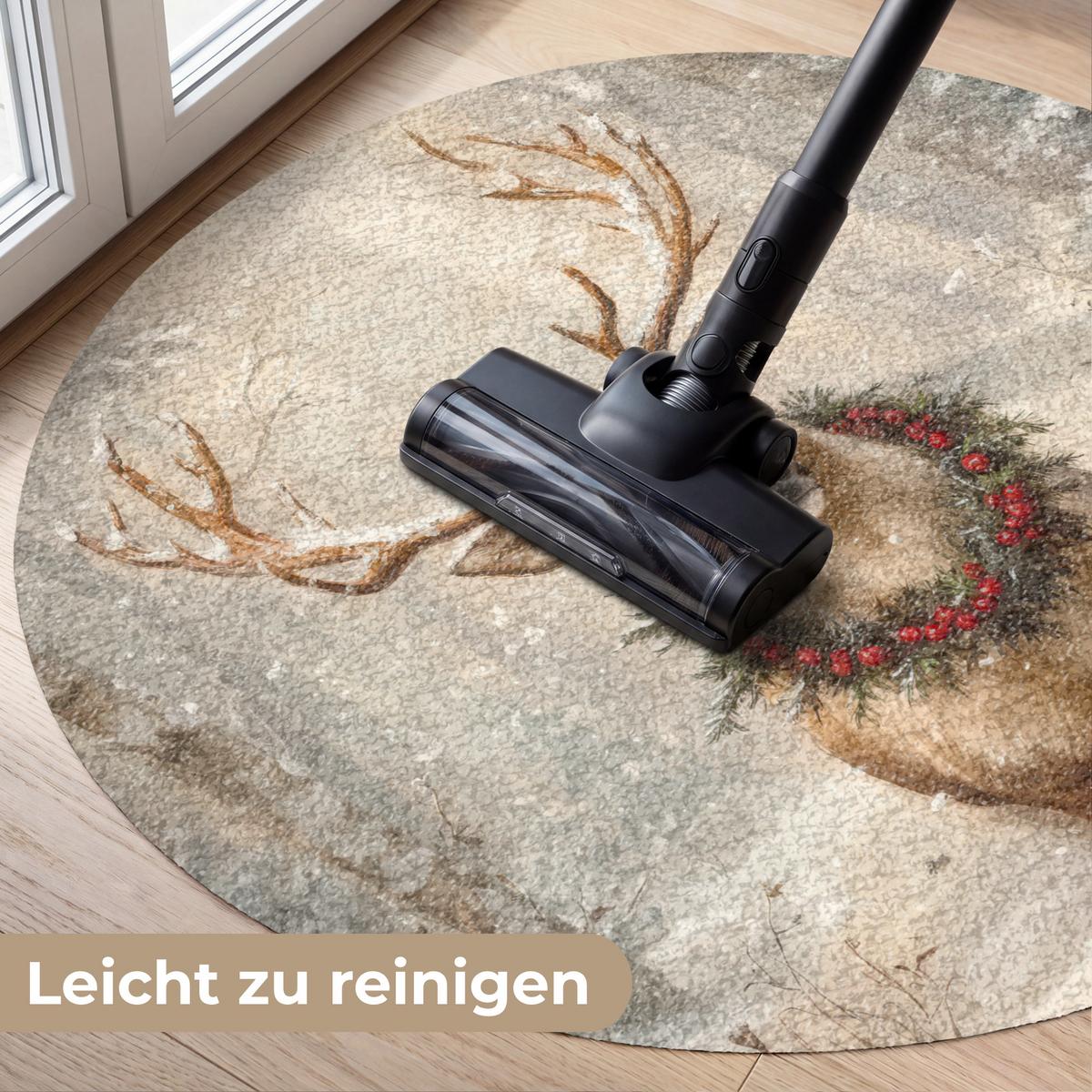 FUSSMATTE Weihnachten - Rentier - Winter - Kranz Flurteppich 90x90 cm - Braun, Kunststoff (90/0.4cm) - MuchoWow