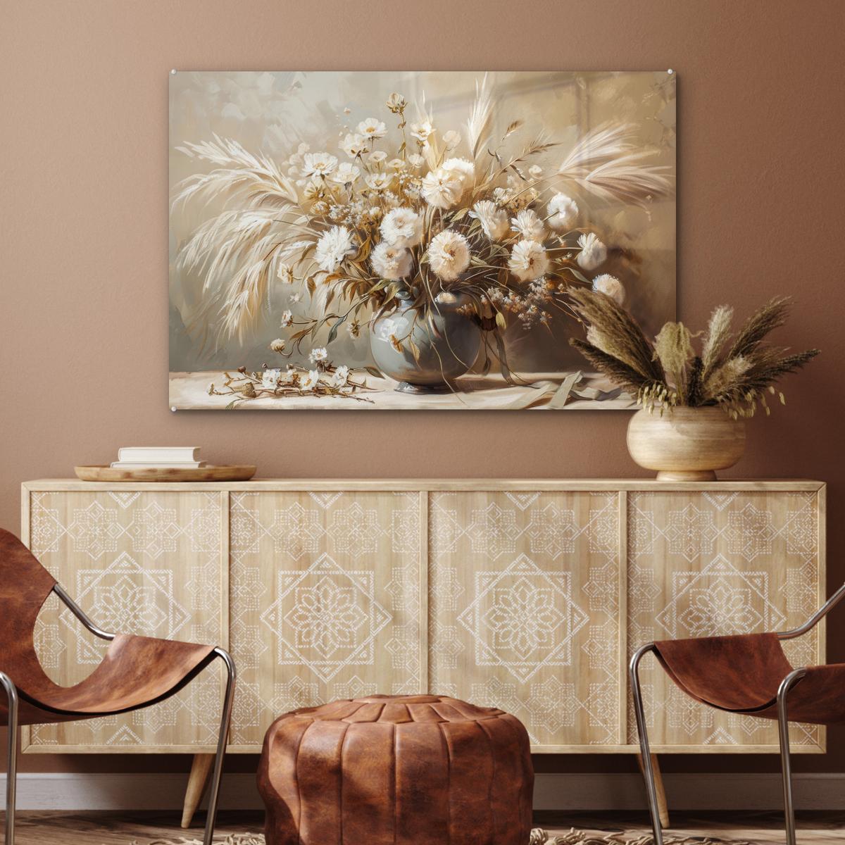 ACRYLGLASBILD Blumen - Vase - Stilleben - Beige Wandbild Schlafzimmer 120x80 cm - Creme, Glas (120/80cm) - MuchoWow