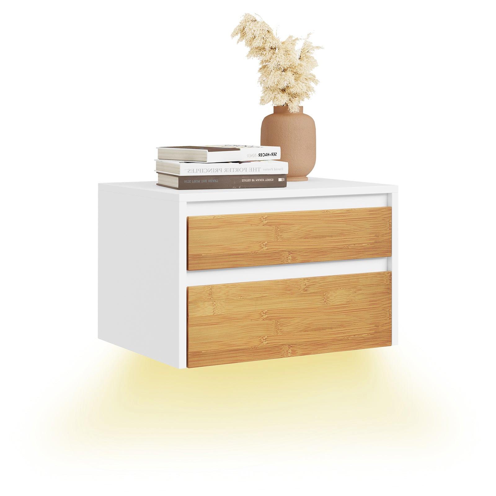 SCHWEBENDER-NACHTTISCH mit 2 Schubladen, Wandregal 40x29,8x25,6cm - Weiß/Naturfarben, Holzwerkstoff (40/26/30cm) - SoBuy