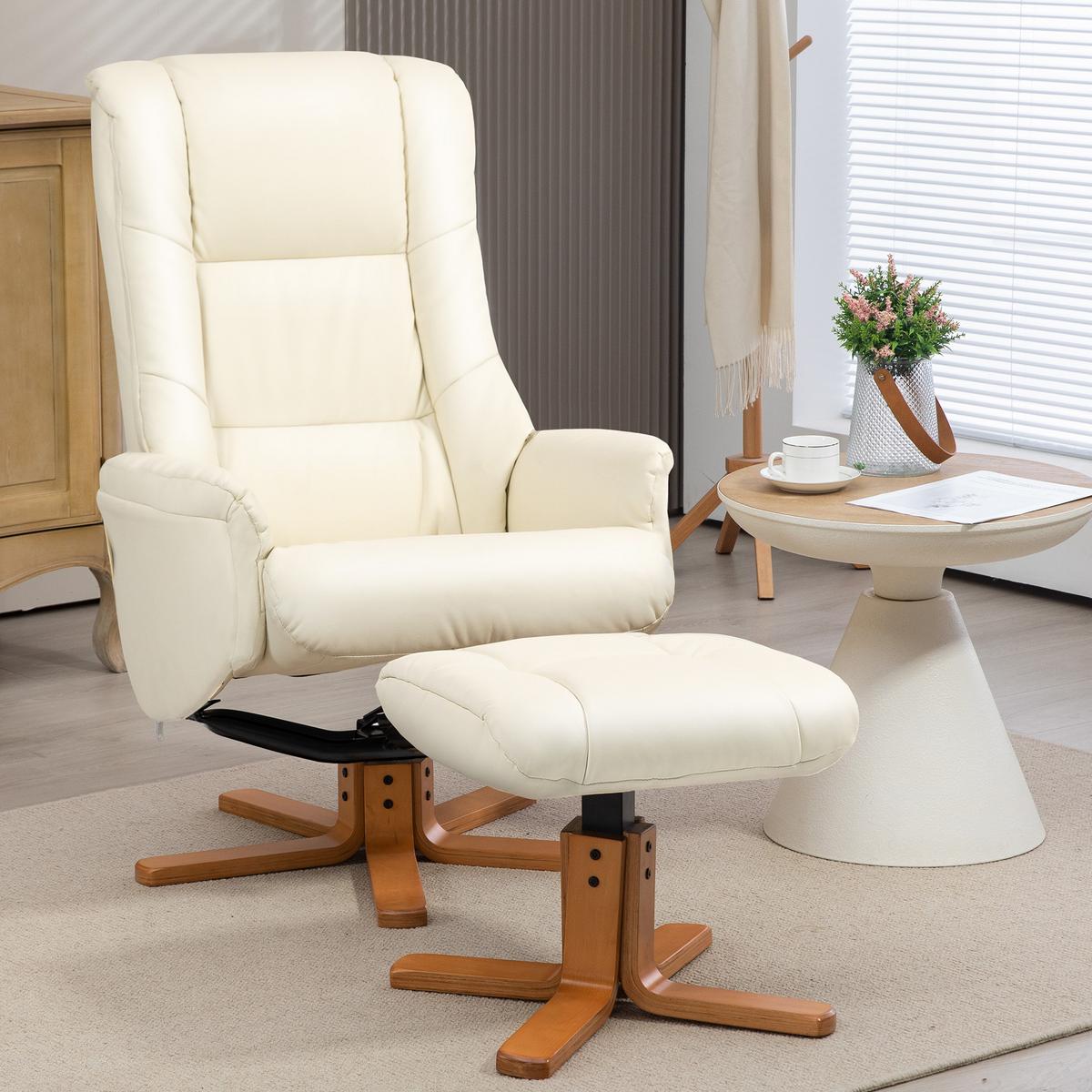 RELAXSESSEL mit Hocker, Fernsehsessel mit Liegefunktion, Wippfunktion, Schwarz - Gelb/Creme, Leder/Holz (84/102/71cm) - HOMCOM