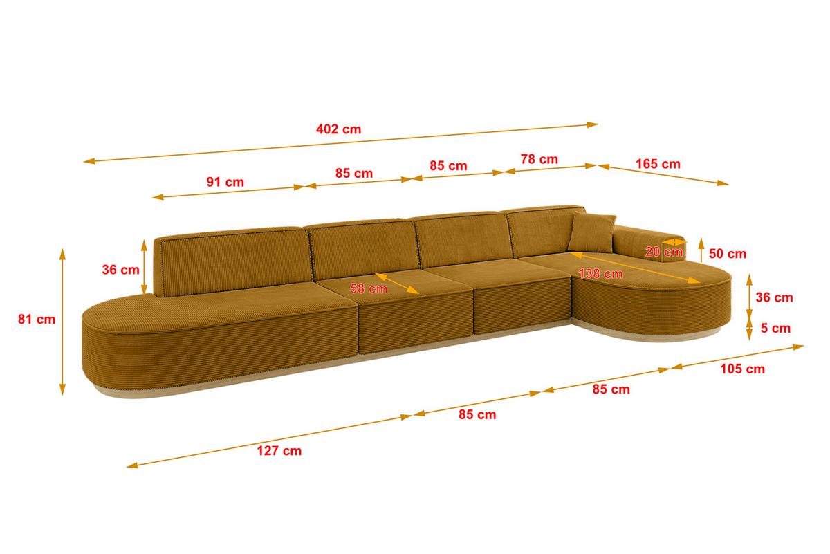 ECKSOFA Ottomane Rechts MARI-L3-v2 - 413x171x83 cm Senfgelb Cord - Gelb, Holzwerkstoff/Textil (171/413cm) - ALTDECOR