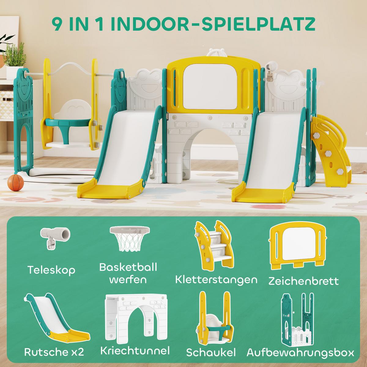 KINDERRUTSCHE 9-in-1 für Kleinkinder, Frosch-Design, Gelb+Grün - Gelb, Kunststoff (150/94/250cm) - AIYAPLAY