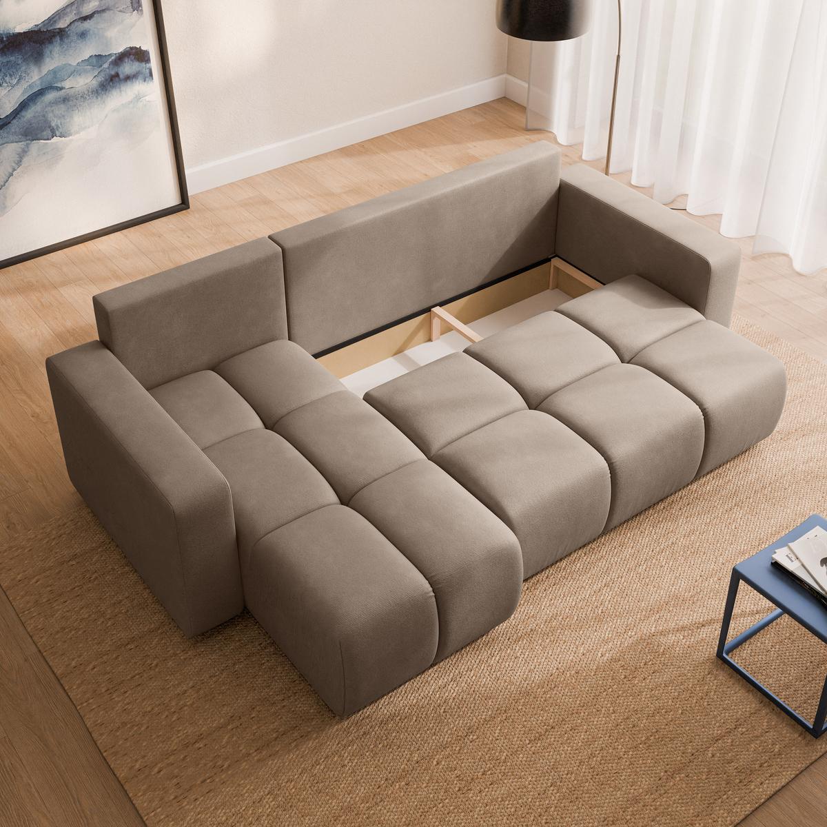 ECKSOFA RAMIL Beige Plüsch-Stoff mit Schlaffunktion - Beige, Holz (240/149cm) - MASSENO