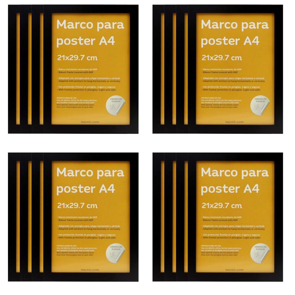 RAHMEN Set mit 12 aus MDF und Acrylglas Schutz und Aussteller für Fotografien, Bilder, Poster, Gemälde, Dekoration für Haus Farbe Schwarz A4 - Schwarz, Holz (21/3cm) - Nacnic