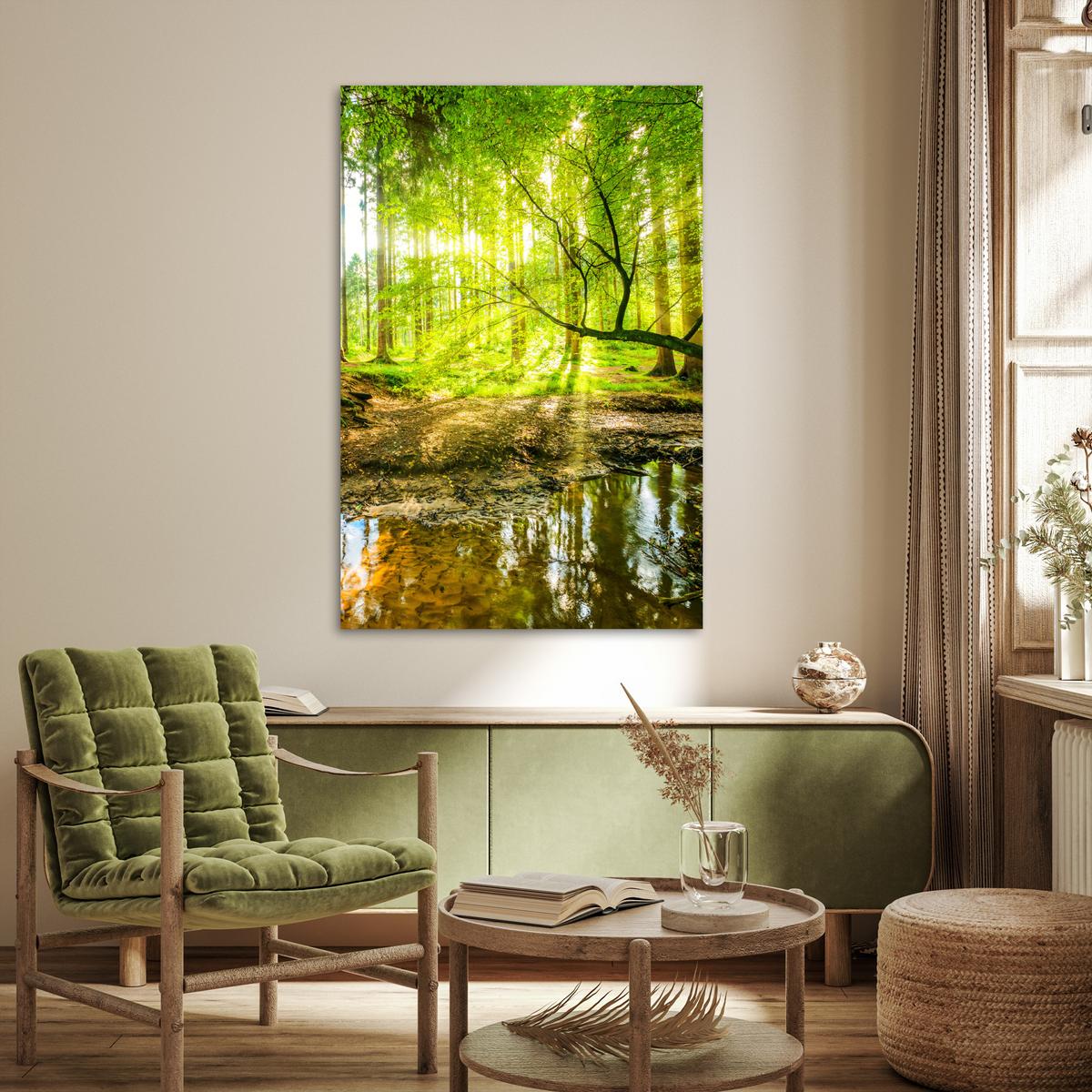 POSTER Wald - Landschaft - Wasser - Bäume - Sonne - Grün - Natur Wandbild Schlafzimmer 80x120 cm - Grün, Papier (80/120/0.1cm) - MuchoWow