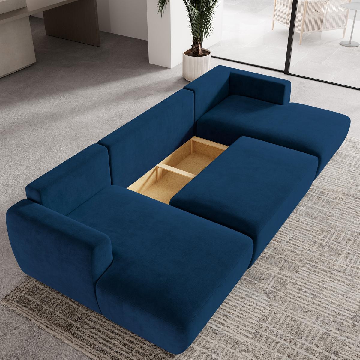 WOHNLANDSCHAFT SENTUM K Blau Plüsch-Stoff mit Schlaffunktion - Blau/Schwarz, Holz/Kunststoff (330/90/148cm) - MASSENO