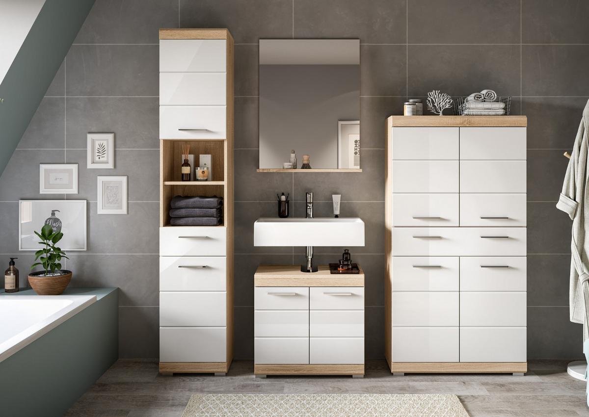 BADMÖBEL-SET weiß Hochglanz, Eiche 4-teilig 186 cm, viel Stauraum - Weiß Hochglanz/Eichefarben, Holzwerkstoff (186/191/34cm) - Inn.Furn