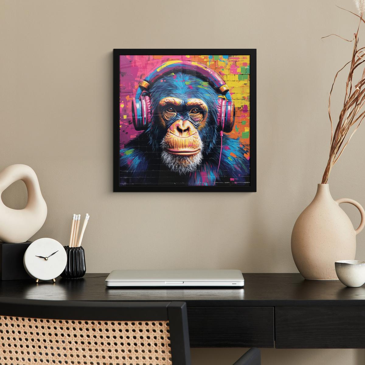 POSTER MIT RAHMENGERAHMTES BILD Graffiti - Schimpanse - Straßenkunst - Kopfhörer - Affe 40x40 cm - Blau, Papier (40/40cm) - MuchoWow
