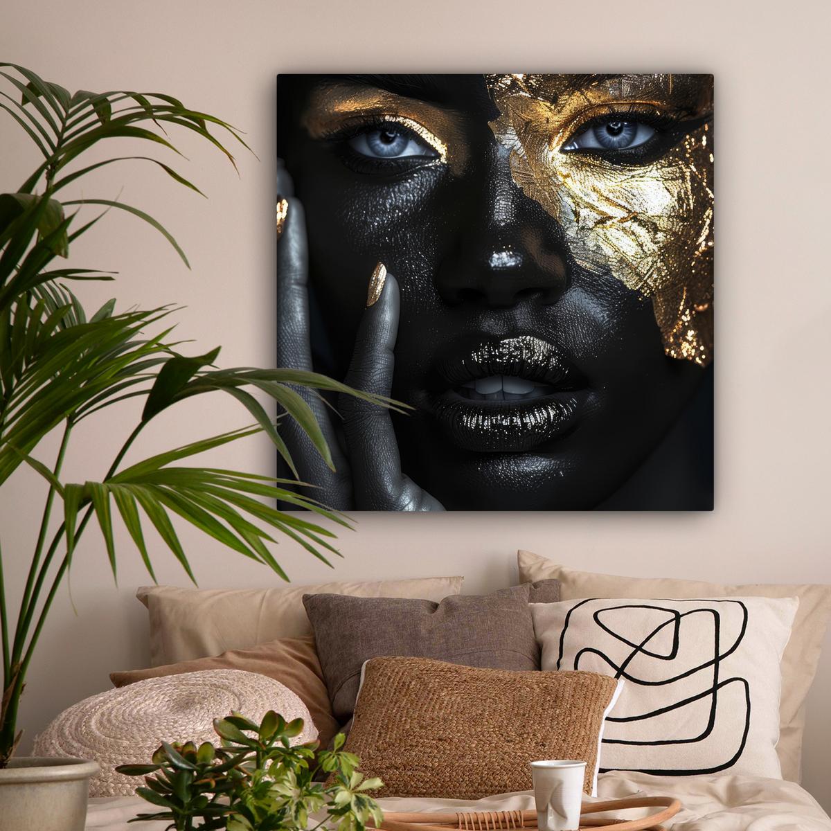 LEINWANDBILD Frau - Gold - Porträt - Schwarz-Weiß - Luxus Deko Groß 90x90 cm - Hellblau, Textil (90/90cm) - MuchoWow
