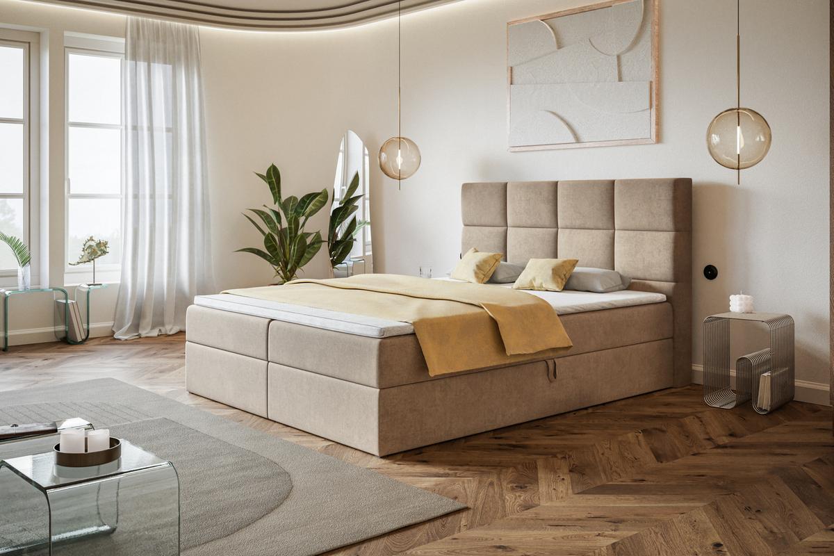 BOXBETT ROMA mit 2 Bettkästen, 180x200, Farbe: Sand, Velourstoff, Doppelbett mit Bonell-Matratze - Sahara, Holz/Kunststoff (180/200cm) - Alpi-Möbel