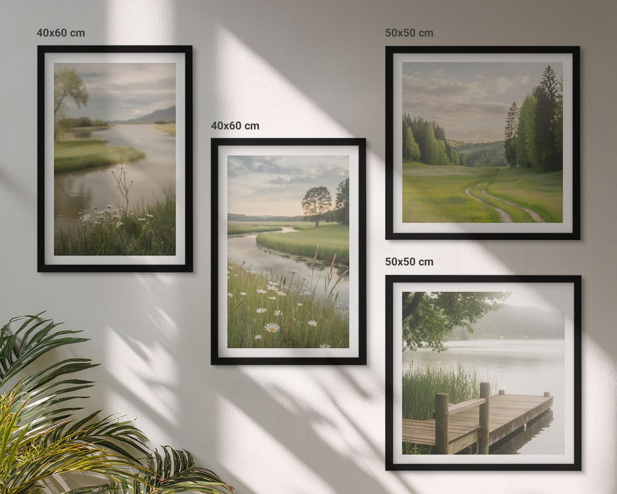 BILDER SET 4er Set - 50x50 cm & 40x60 cm Schwarzer Rahmen - Sommerlandschaften Flusswiese - Schwarz, Kunststoff (50/50cm) - TULUP