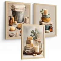 POSTER Set aus 3 Badezimmer Wandbildern und Drucke zur Dekoration für Waschbecken Dusche WC mit Kerzen Seifen und Handtüchern Leichter Holzrahmen A4 - Beige, Papier (29.7/21/3cm) - Nacnic