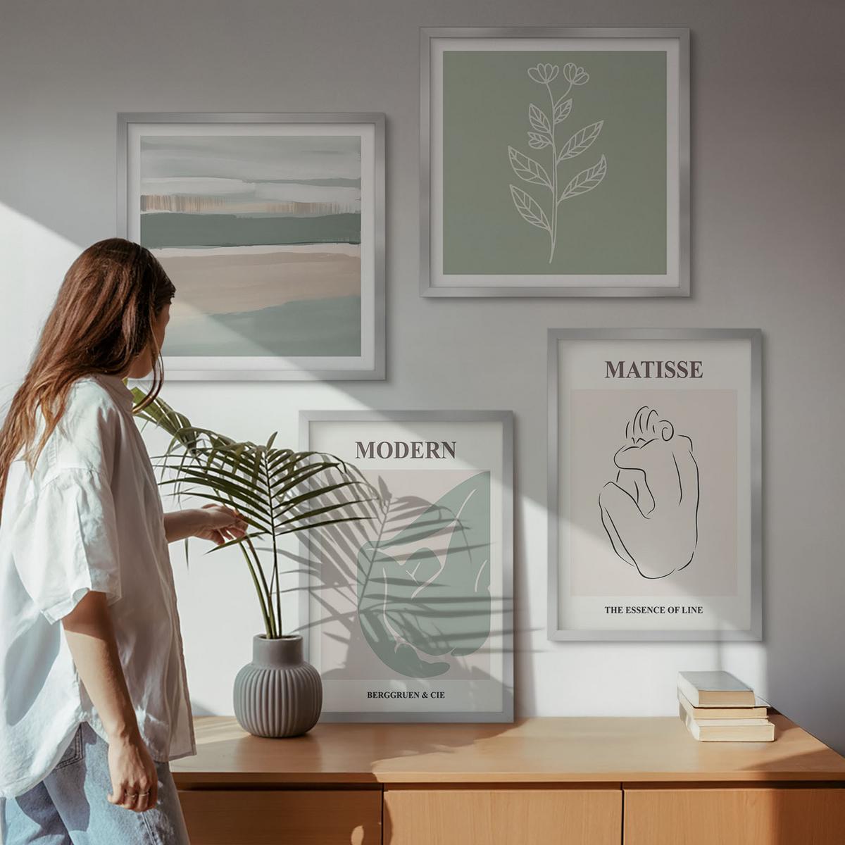 BILDER SET 4er Set - 50x50 cm & 40x60 cm Silberner Rahmen - Abstrakte Pflanzenformen - Silberfarben, Kunststoff (50/50cm) - TULUP