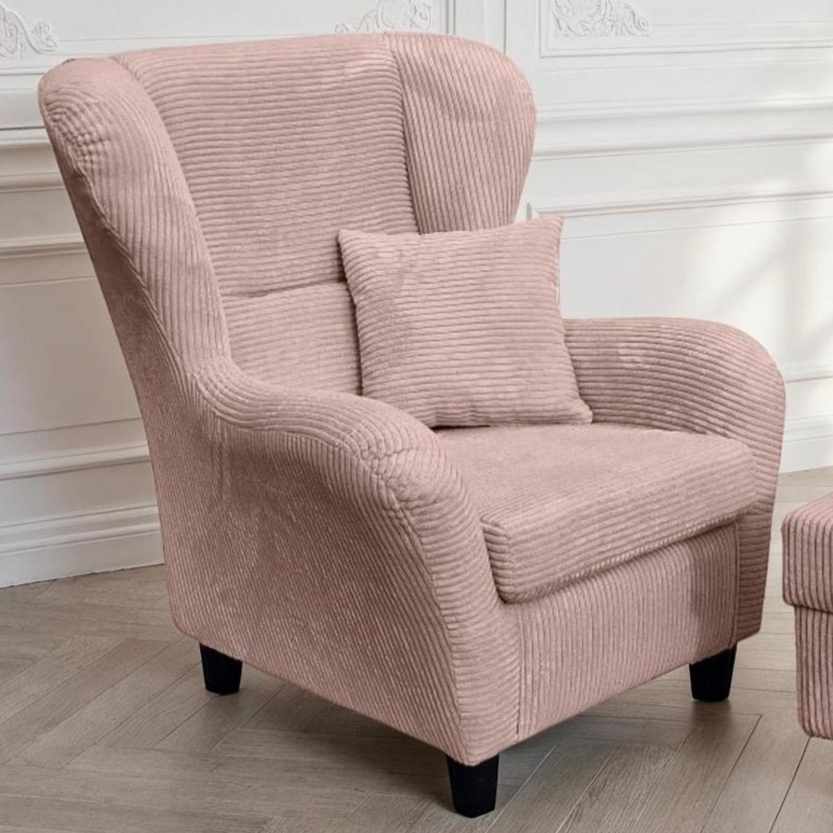OHRENSESSEL mit HOCKER, hoher Sitzkomfort durch Wellenunterfederung B90/H98/T76 cm, Cord Rosa / 18021 - Schwarz/Rosa, Holz/Textil (90/98/76cm) - luma-home