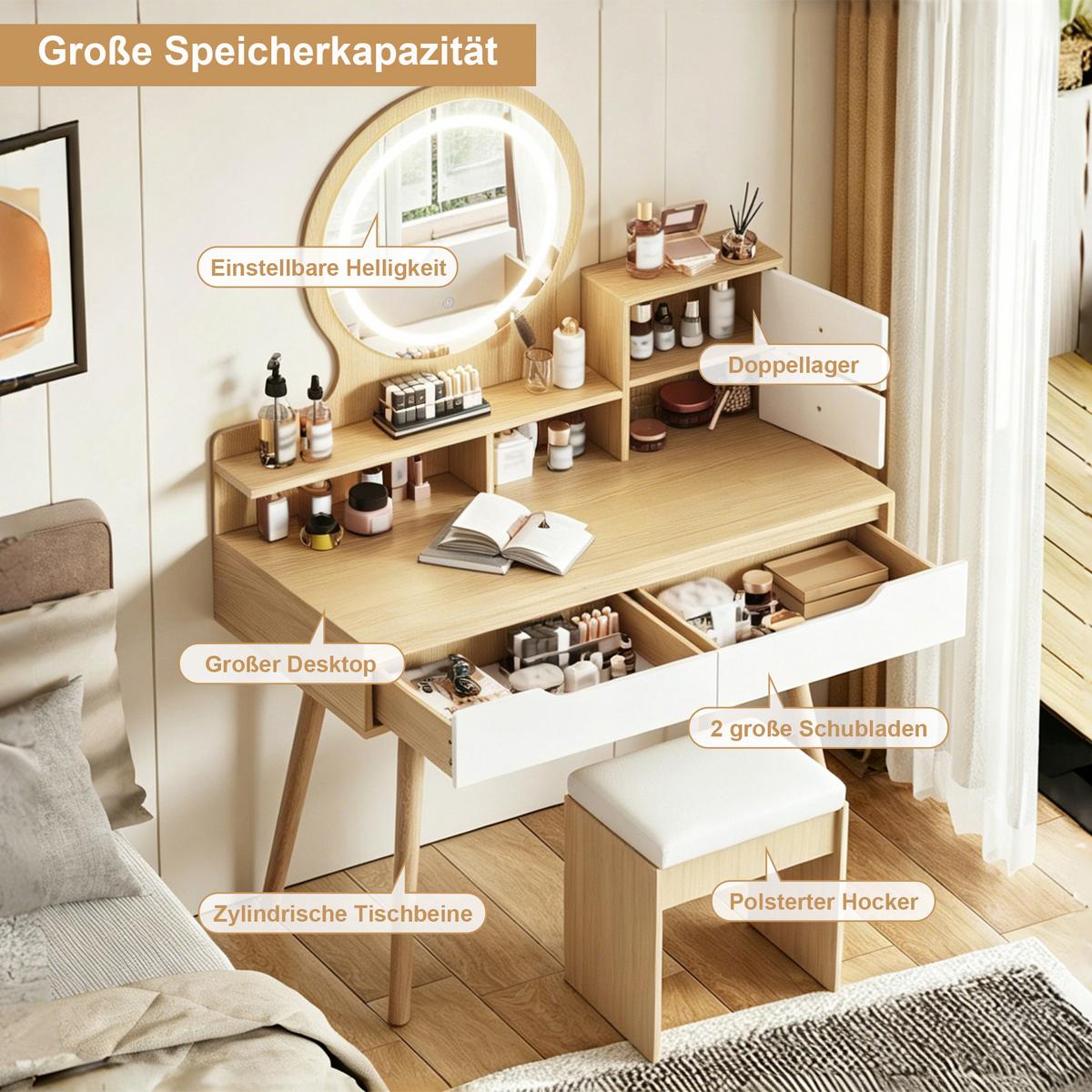 SCHMINKTISCH-SET in Holzoptik mit Weiß, LED-Spiegel, Hocker und 4 Schubladen - Naturfarben, Holzwerkstoff (80/135/40cm) - Urban Meuble