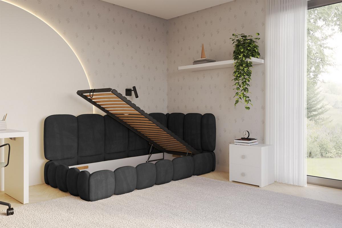 EINZELLBETT Jugendbett mit Bettkasten und Matratze H3/H4, Links - AVRY 80x200 Schwarz - Schwarz, Holzwerkstoff/Textil (80/200cm) - ALTDECOR