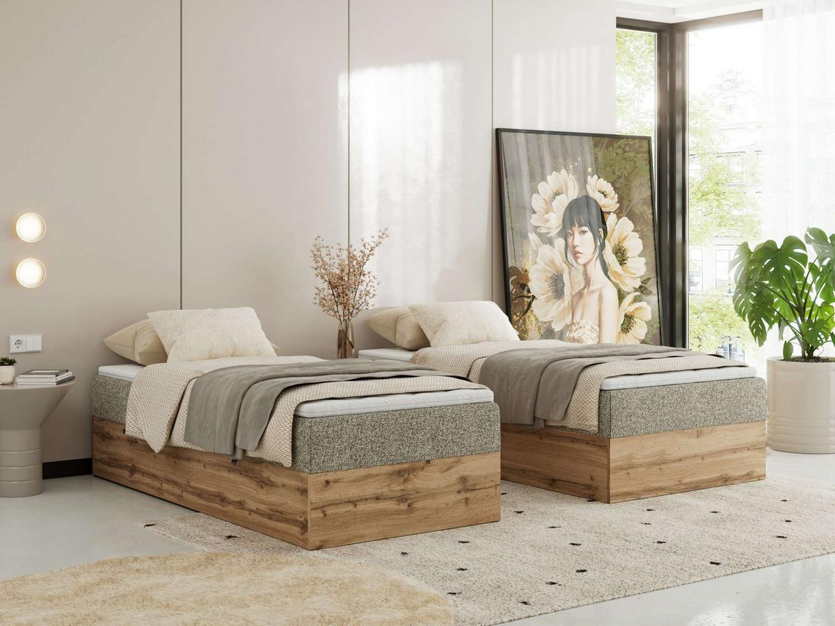 BOXBETT WOOD ZERO 90/200 - Grau Struktur - H4 - Topper Visco - Grau, Textil (90/200cm) - MKS