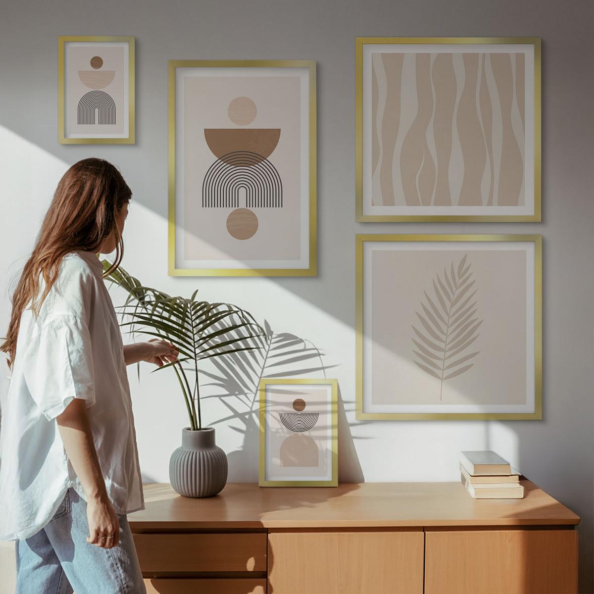 BILDER SET 5er Set - 50x50 cm & 20x30 cm & 40x60 cm Goldrahmen - Abstrakte Formen braun beige - Goldfarben, Kunststoff (40/60cm) - TULUP