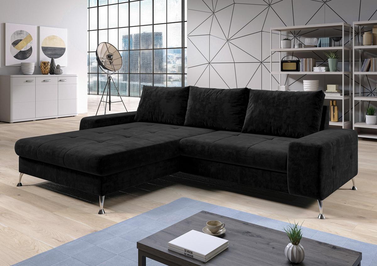 ECKSOFA L Form Artemia Schwarz Samt 275/192/81 cm – modernes Sofa fürs Wohnzimmer L - Silberfarben/Schwarz, Textil/Metall (192/275cm) - AX Living