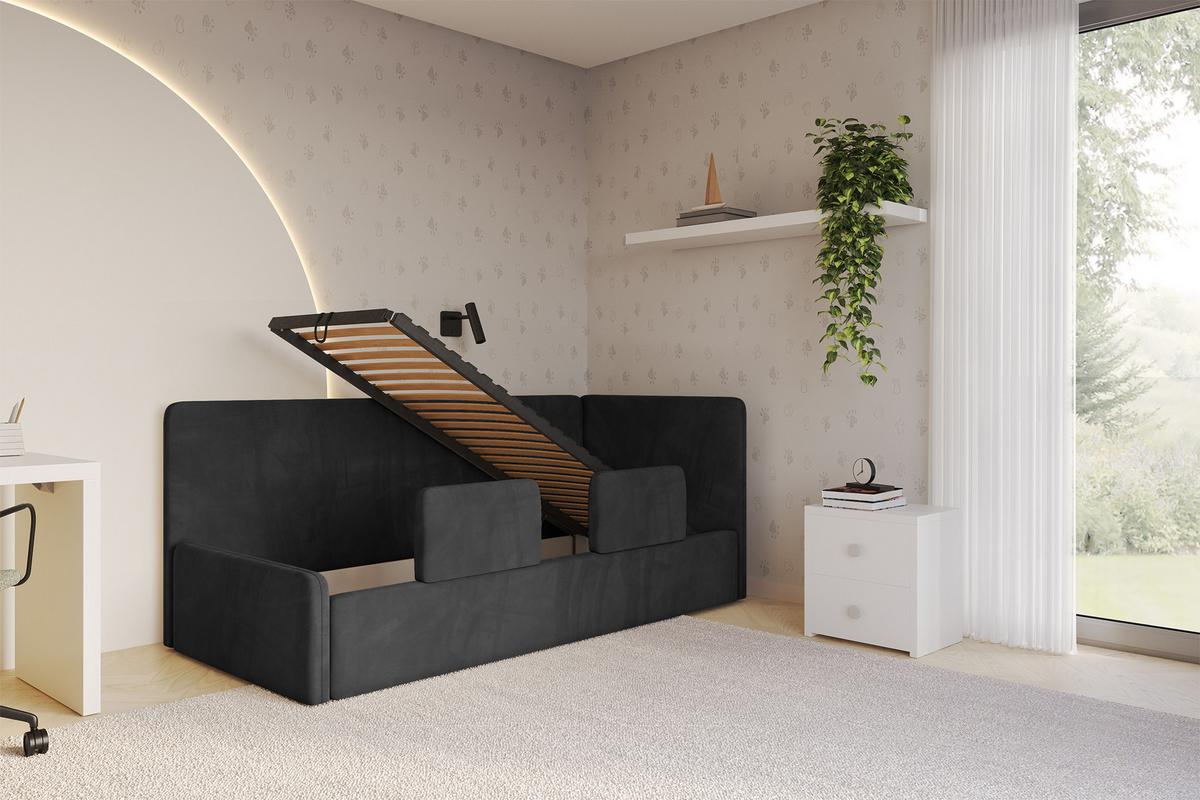 EINZELLBETT Jugendbett mit Bettkasten und Matratze H3/H4, Links - NORY 100x200 Schwarz - Schwarz, Holzwerkstoff/Textil (100/200cm) - ALTDECOR