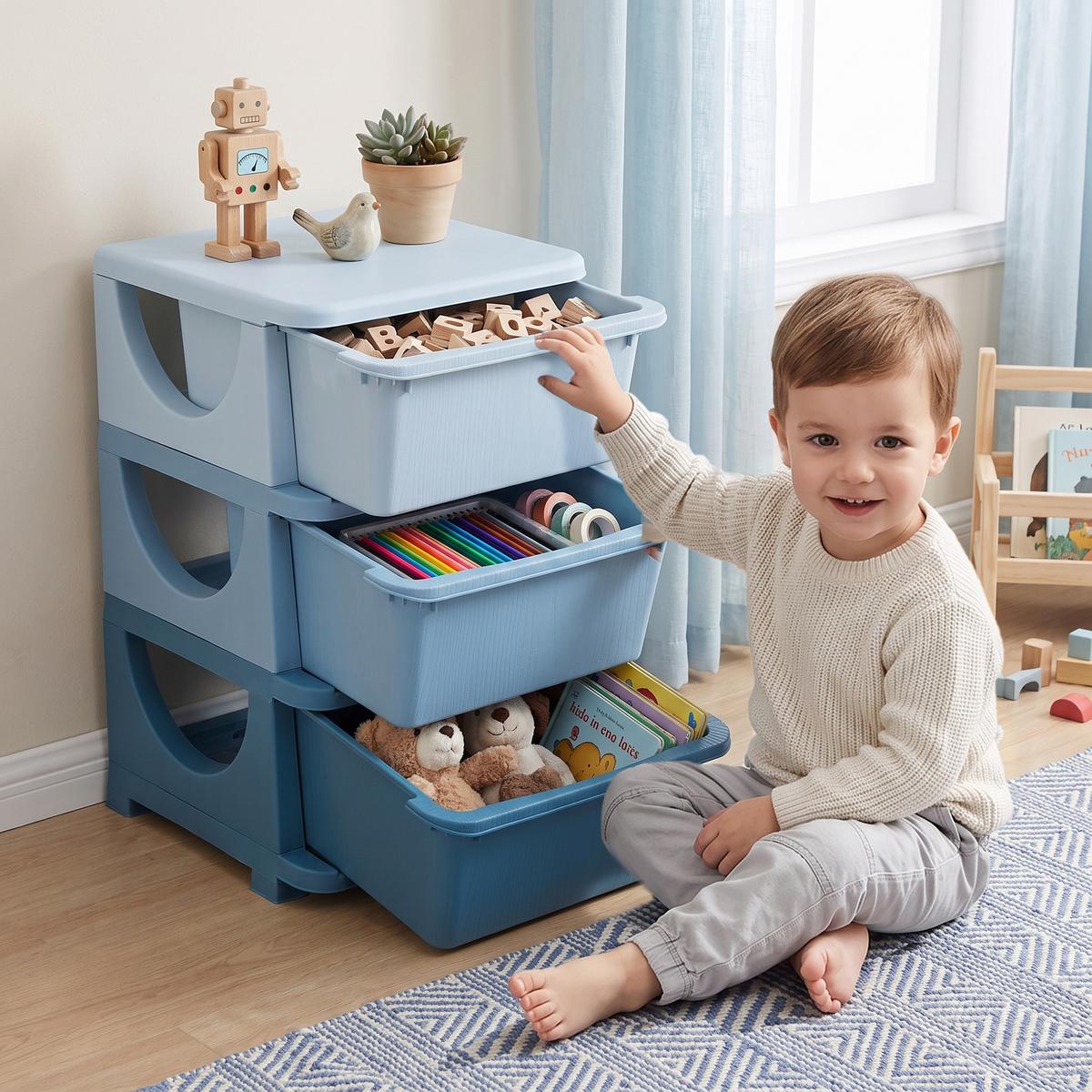 AUFBEWAHRUNGSBOXEN für Kinder, 3 große Schubladen, Kunststoff, Blau - Blau, Kunststoff (37/56.5/37cm) - HOMCOM