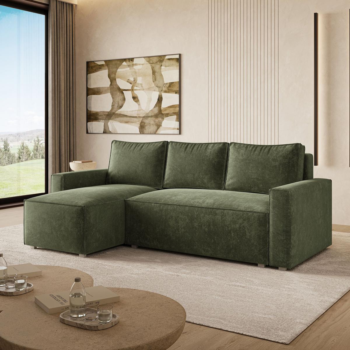 ECKSOFA POTARO LM Grün Chenille mit Schlaffunktion - Grün, Holzwerkstoff/Textil (232/140cm) - MASSENO