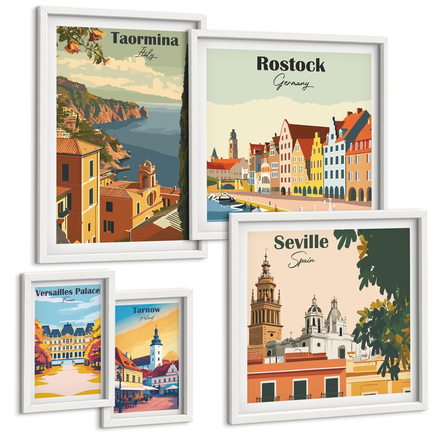 BILDER SET 5er Set - 50x50 cm & 20x30 cm & 40x60 cm Weißer Rahmen - Retro-Stadtgrafiken - Weiß, Kunststoff (40/60cm) - TULUP