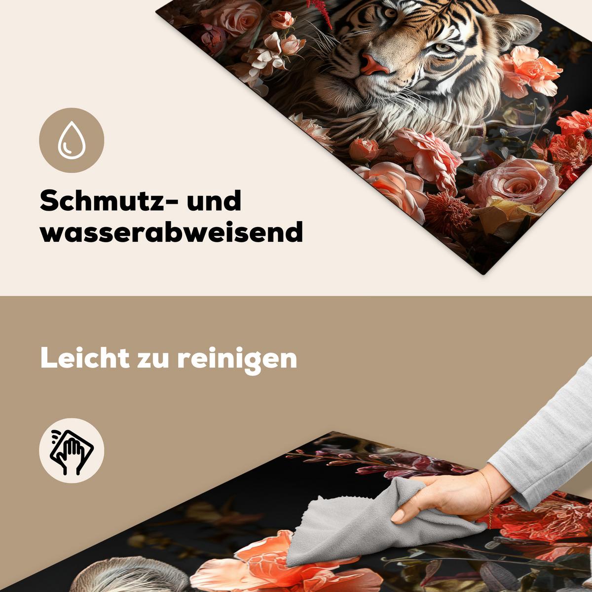 HERDABDECKPLATTE Tiger - Tier - Natur - Floral - Botanisch Ceranfeldabdeckung 90x52 cm - Orange, Kunststoff (90/52/0.2cm) - MuchoWow