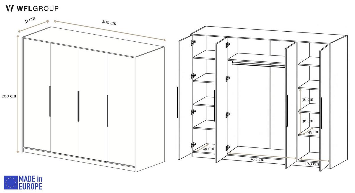 KLEIDERSCHRANK Mono Lux mit Speigel, Drehtüren mit Schwarze Metallgriffe, Weiß 200/200/51 cm - Schwarz/Weiß, Holzwerkstoff (200/200/51cm) - WFL GROUP