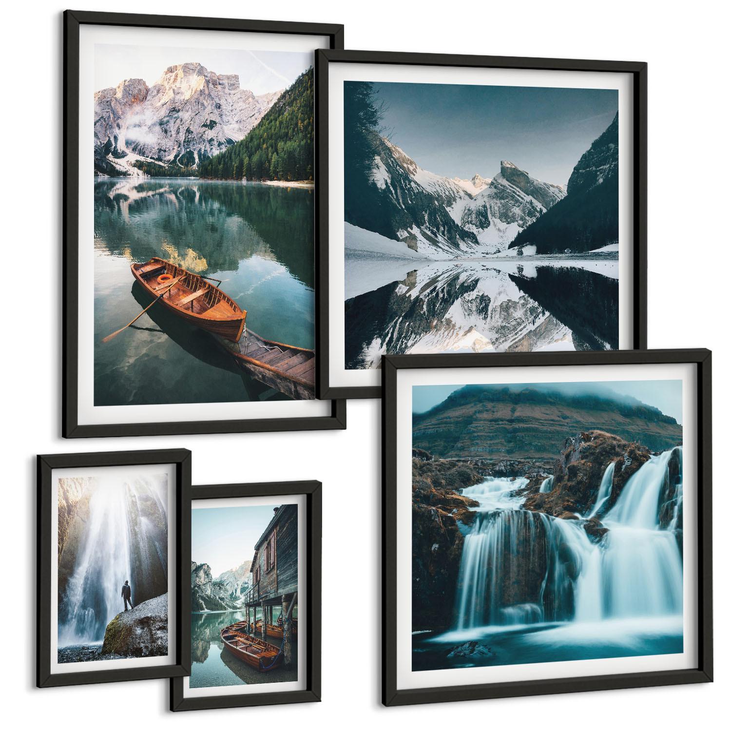 BILDER SET 5er Set - 50x50 cm & 20x30 cm & 40x60 cm Schwarzer Rahmen - Spiegelung der Boote auf Bergseen - Schwarz, Kunststoff (40/60cm) - TULUP