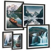 BILDER SET 5er Set - 50x50 cm & 20x30 cm & 40x60 cm Schwarzer Rahmen - Spiegelung der Boote auf Bergseen - Schwarz, Kunststoff (40/60cm) - TULUP