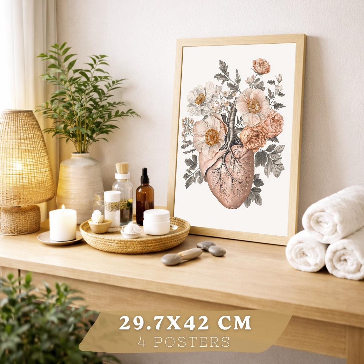 POSTER Set aus 4 Anatomie Mensch Florale Drucke und mit Schädel Herz Lungen und Skelett Botanische Aquarell dekoration Größe Leichter Holzrahmen A3 - Beige, Papier (29.7/42/3cm) - Nacnic