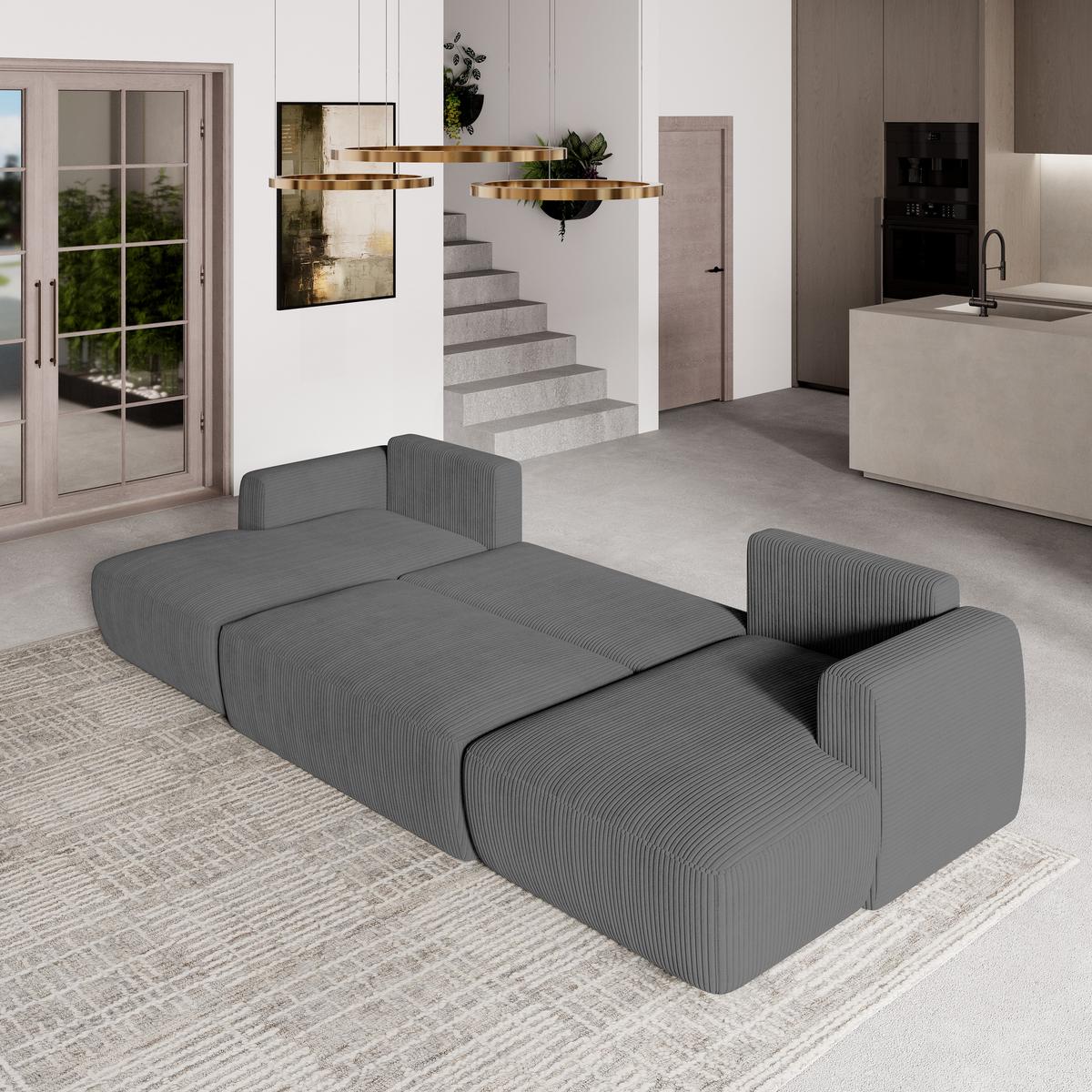 WOHNLANDSCHAFT SENTUM P Grau Kordstoff mit Schlaffunktion - Schwarz/Grau, Holz/Kunststoff (330/90/148cm) - MASSENO