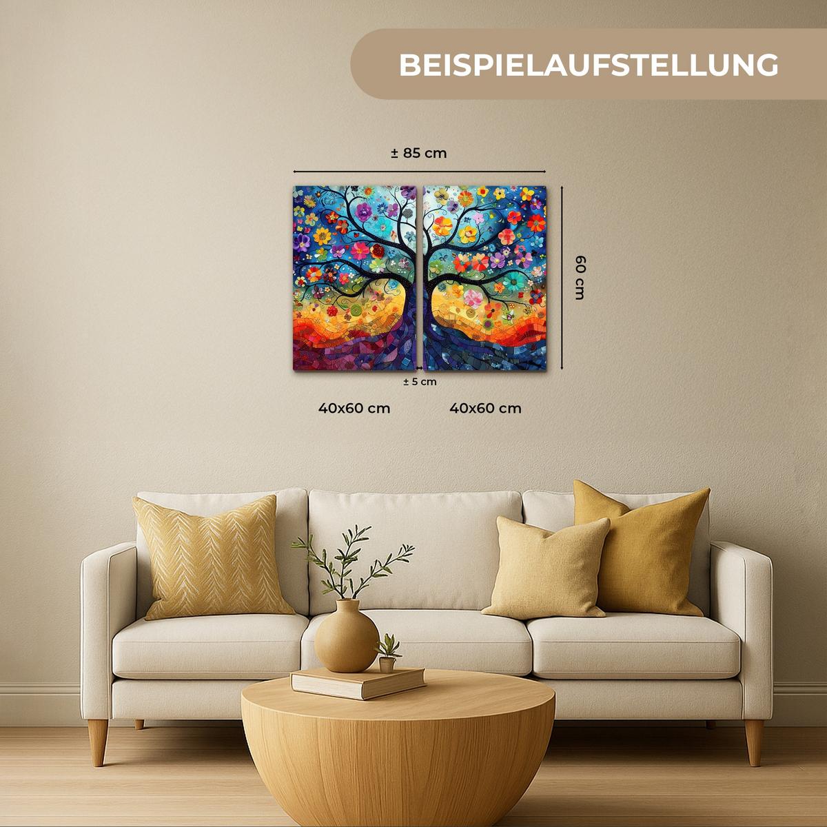 LEINWANDBILD 2er Set Bunt - Baum des Lebens - Blumen - Abstrakt 80x60 cm - Blau, Textil (80/60cm) - MuchoWow