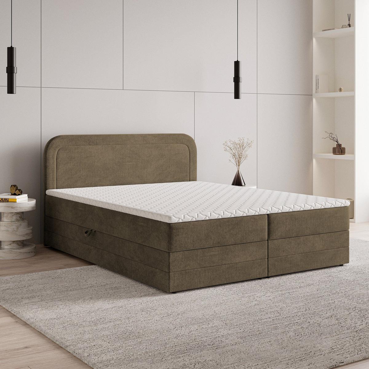 BOXBETT ARMEL 140x200 cm mit Matratze und Topper - Beige - Beige, Holz (140/200cm) - MASSENO