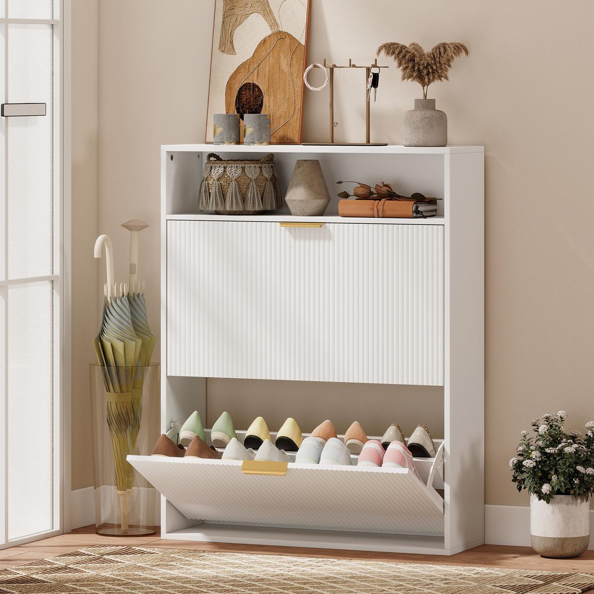 SCHUHSCHRANK Spanplatte MDF Weiß - Alufarben/Weiß, Holzwerkstoff/Kunststoff (24/102.5/80cm) - HOMCOM