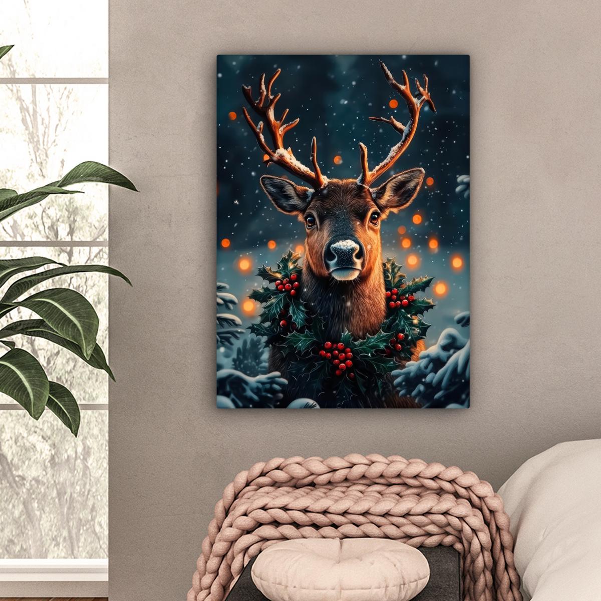 LEINWANDBILD Hirsch - Weihnachten - Winter - Schnee - Weihnachtskranz Wandbild Wohnzimmer 60x80 cm - Dunkelbraun, Textil (60/80cm) - MuchoWow