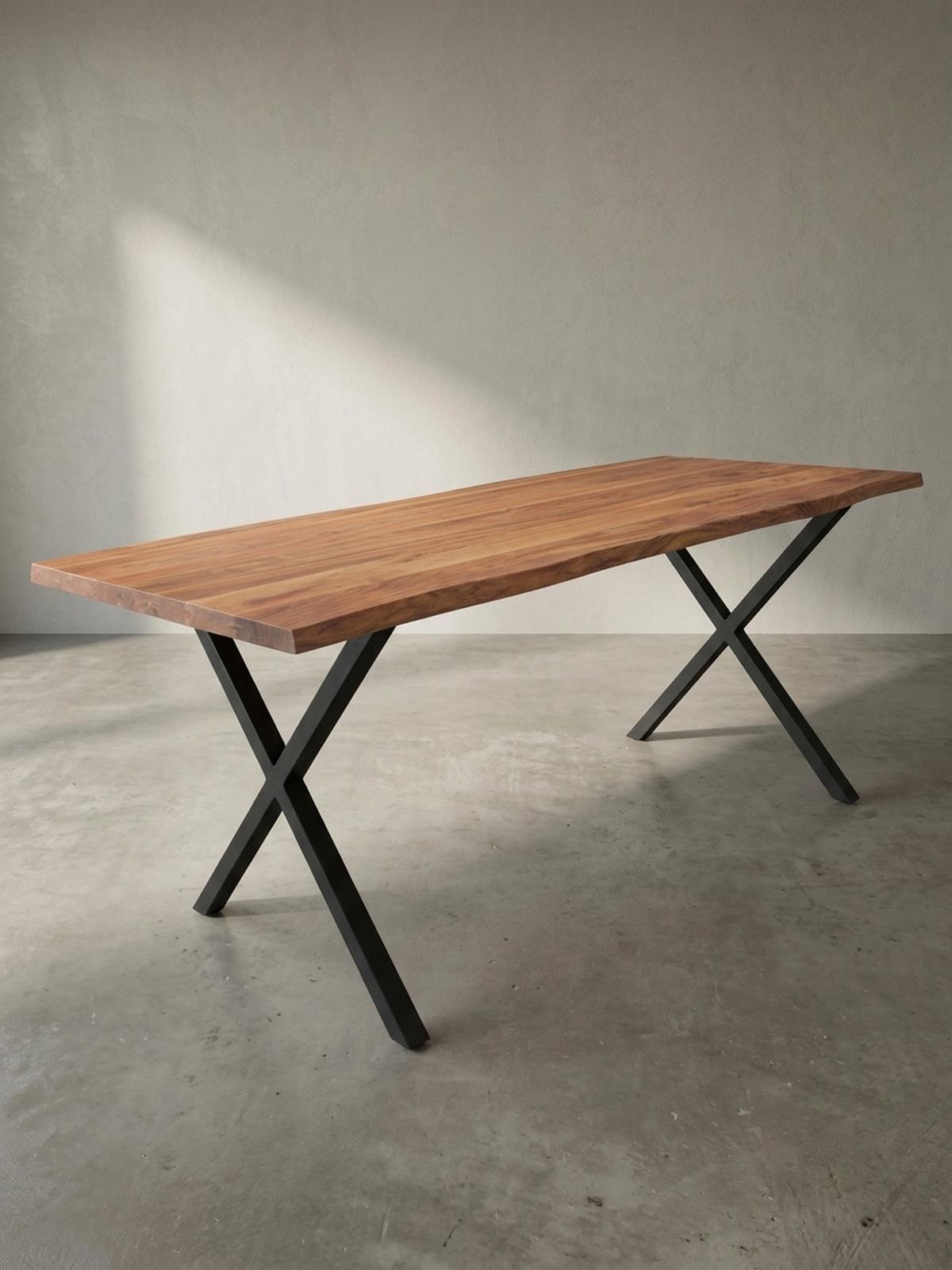 SCHREIBTISCH Massivholz X-Gestell Baumkante Handgefertigt KRETA, Goldbraun-Schwarz 160x80x76 cm - Schwarz/Braun, Holz/Metall (80/160/76cm) - KADIMA DESIGN
