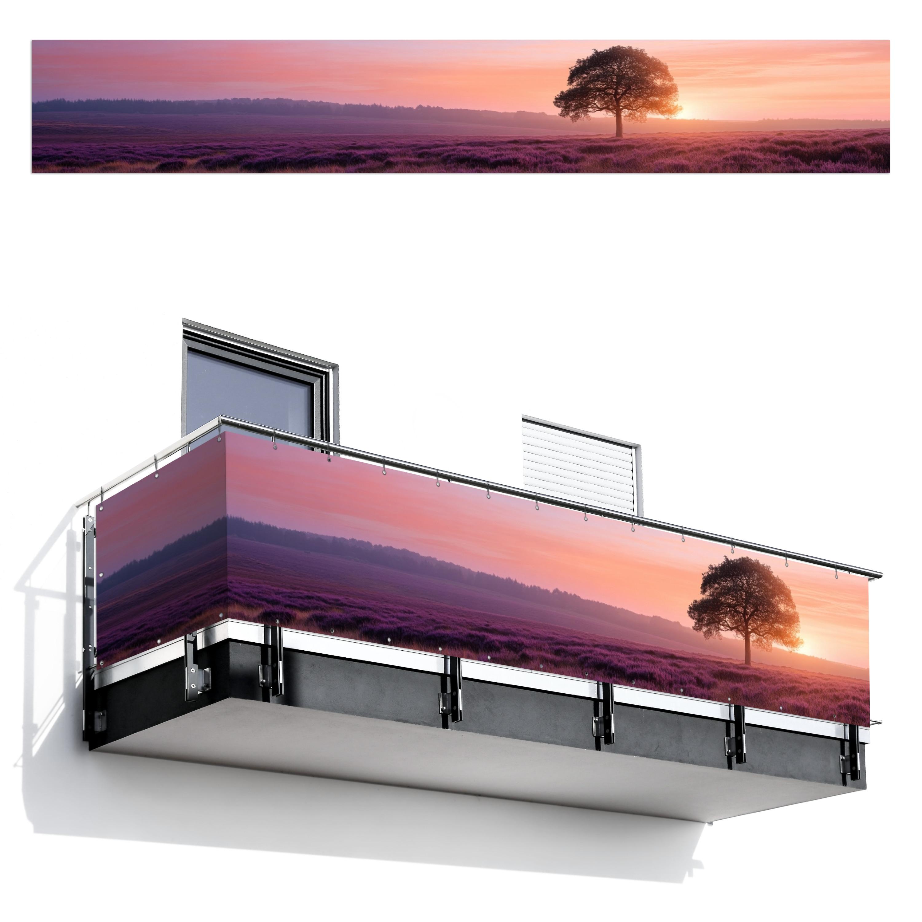 BALKON-SICHTSCHUTZ Baum - Heidekraut - Sonnenaufgang Balkon Deko 500x75 cm - Flieder, Kunststoff (500/75cm) - MuchoWow