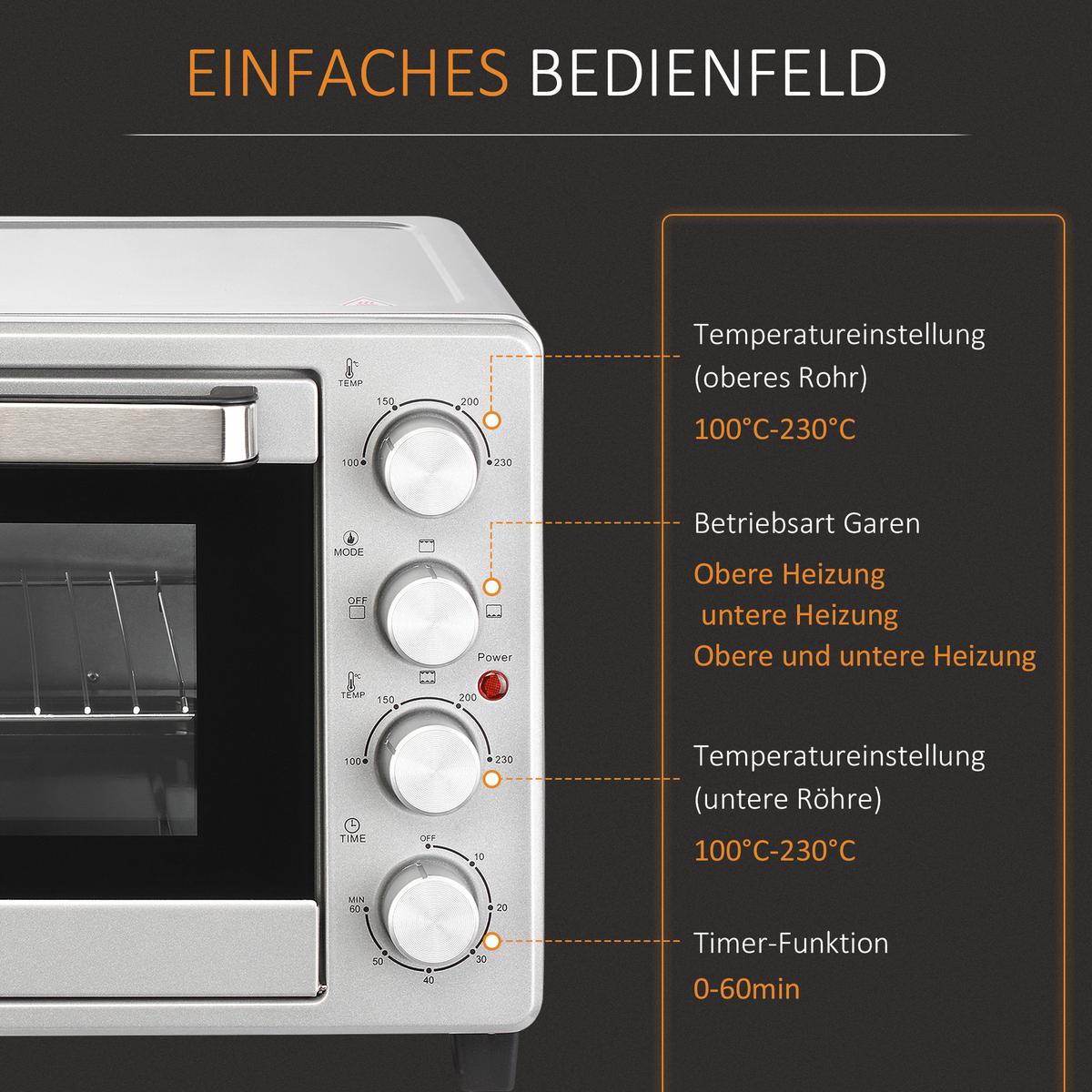 MINIBACKOFEN Metall Edelstahl Glas Silber - Silberfarben, Metall (52.2/38.1/33.5cm) - HOMCOM