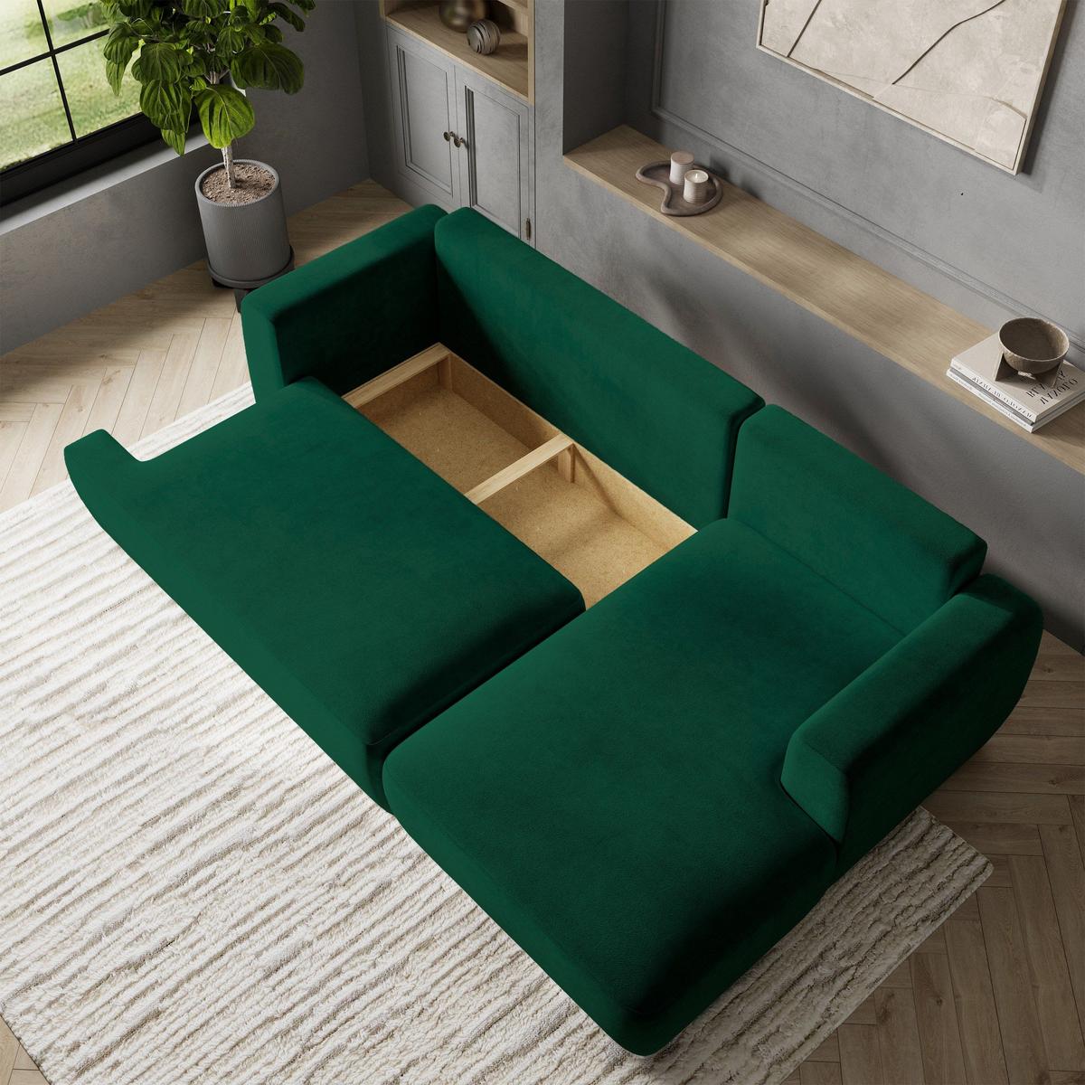 ECKSOFA SENTI K R-S Grün Plüsch-Stoff mit Schlaffunktion - Schwarz/Grün, Holz/Kunststoff (246/148cm) - MASSENO