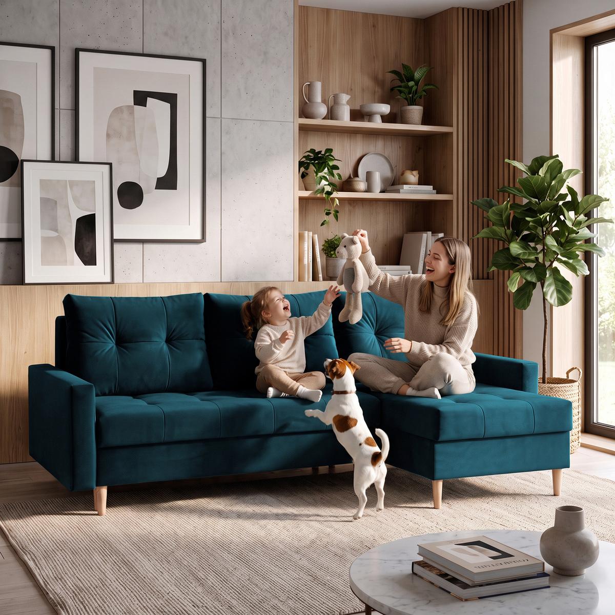 ECKSCHLAFSOFA Halant mit Bettkasten, universelle Ottomane, Veloursstoff, Türkis - Türkis, Textil (220/140cm) - Beautysofa