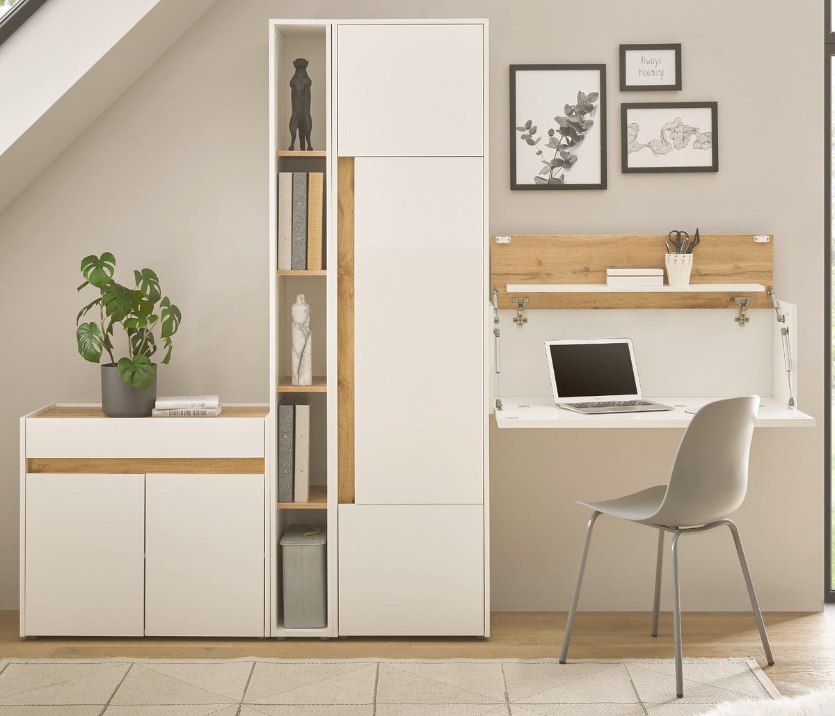 AKTENSCHRANK Set 4-teilig weiß matt, Eiche Wotan 250 cm, Büromöbelkombination mit Sekretär - Eichefarben/Eiche Wotan, Holzwerkstoff/Kunststoff (250/200/40cm) - Furn.Design