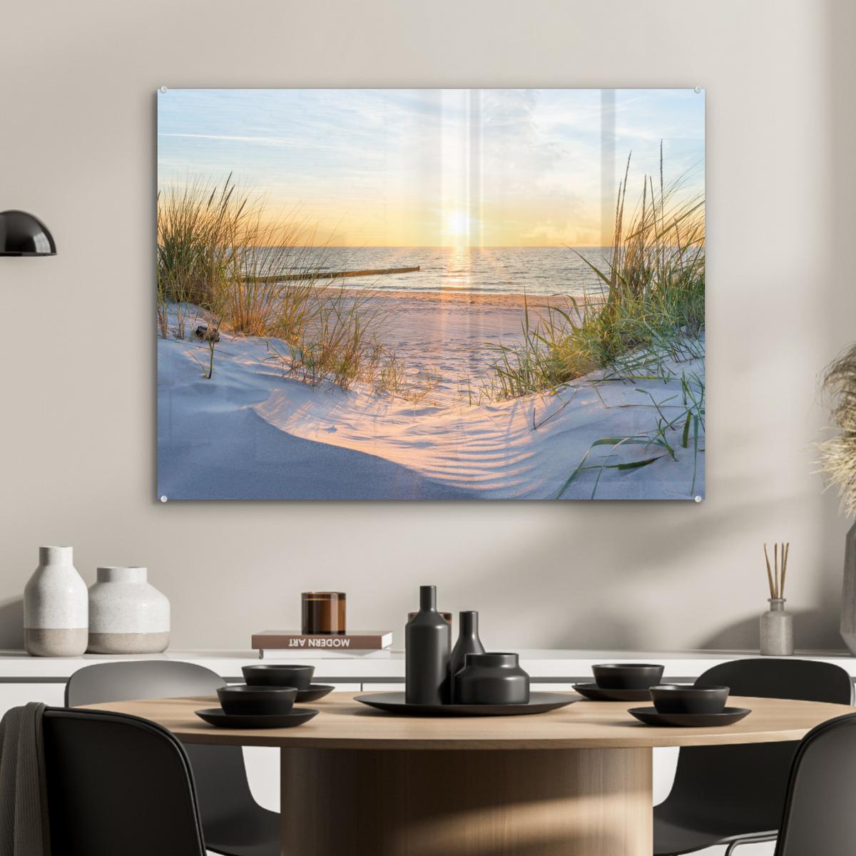 ACRYLGLASBILD Strand - Sonne - Düne - Gras - Sand - Horizont 80x60 cm - Hellblau, Glas (80/60cm) - MuchoWow