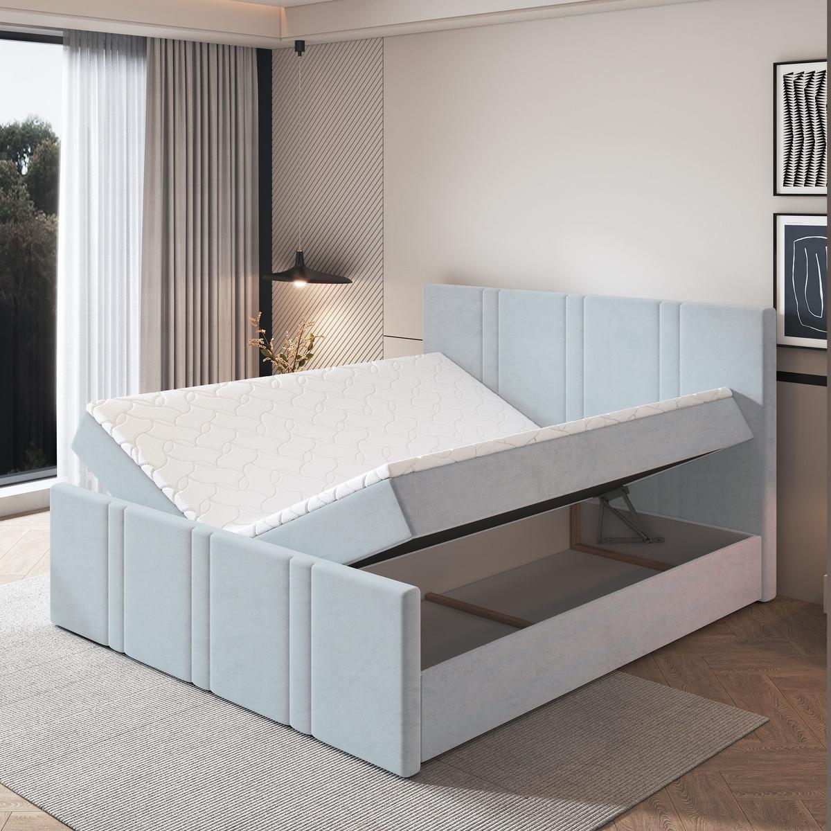 BOXBETT COMOZA 200x200 cm mit Matratze und Topper, H2+H3 - Hellgrau - Hellgrau, Holz (200/200cm) - MASSENO