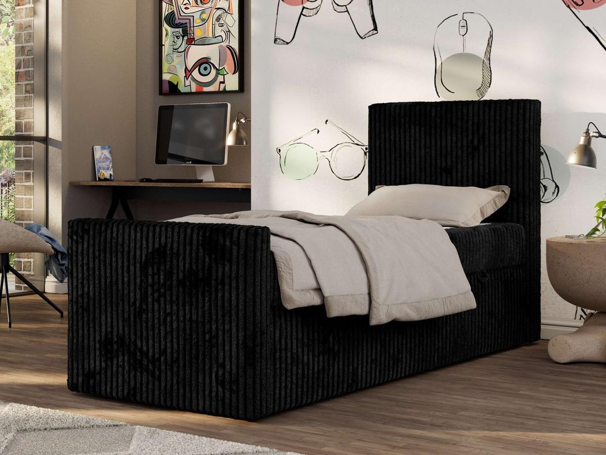 JUGENDBETT TILIO DUO 90/200 - Schwarz Cord - H3 - Rechts Seite - Schwarz, Textil (90/200cm) - MKS